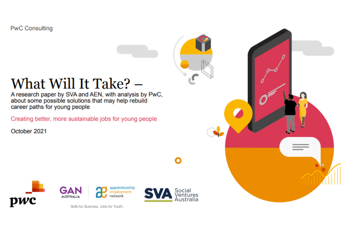 Report cover for What Will It Take? by PwC, SVA, and AEN, focused on youth employment solutions.